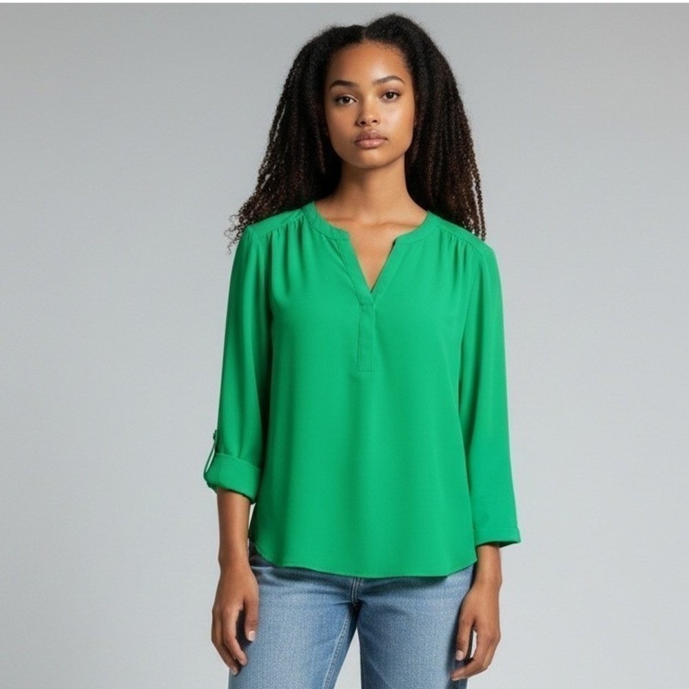 Investments Green Split Neck Roll Tab Sleeve Blouse Size S Side Button Detail